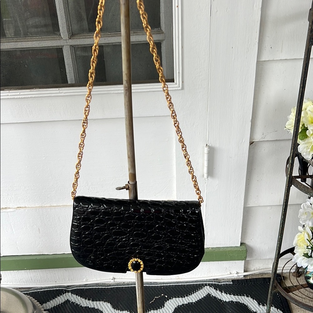VTG Black Croc-Embossed Bag with Gold Chain